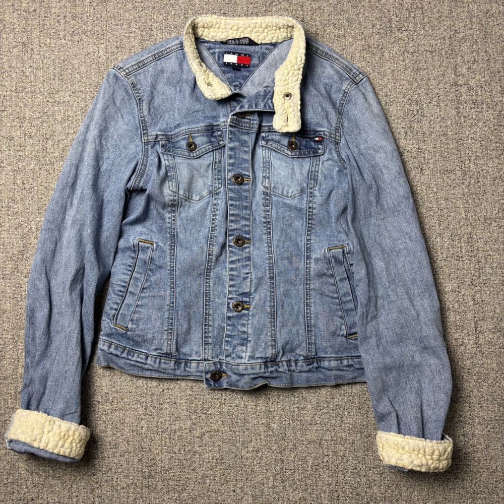 Tommy Jeans Jacket Womens S Trucker Light Blue Faux Shearling Trim